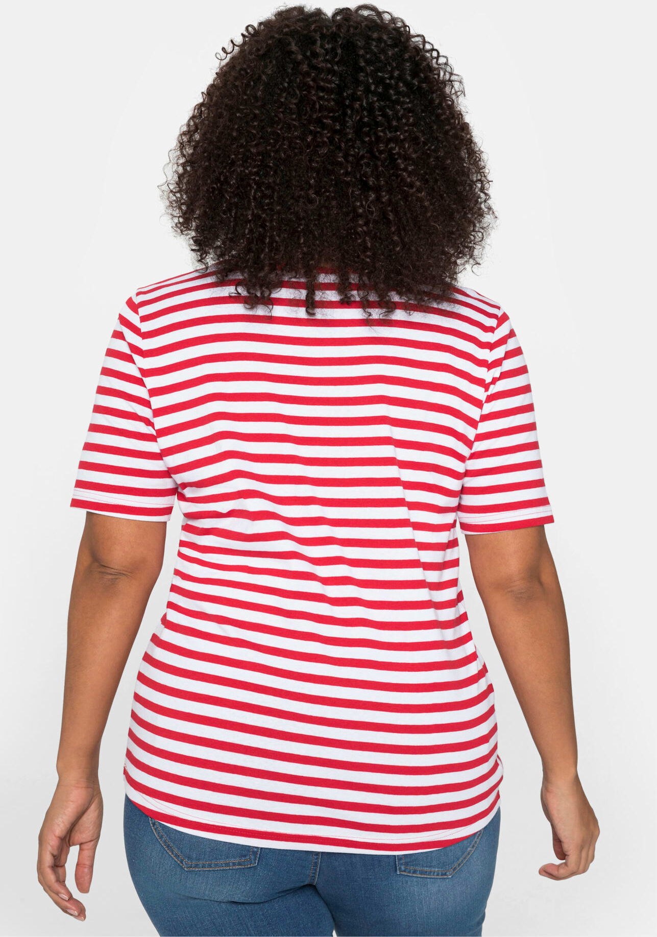 Kurzarmshirt SHEEGO "T-Shirt", Damen, Gr. 44, rot (mohnrot, weiß), 100% Baumwolle, gemustert, gestreift, mehrfarbig, Rundhals, Shirts Kurzarmshirt mohnrot, weiß 44