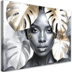 LEINWANDBILD Porträt einer Frau und goldene Monstera-Blätter 60x40cm