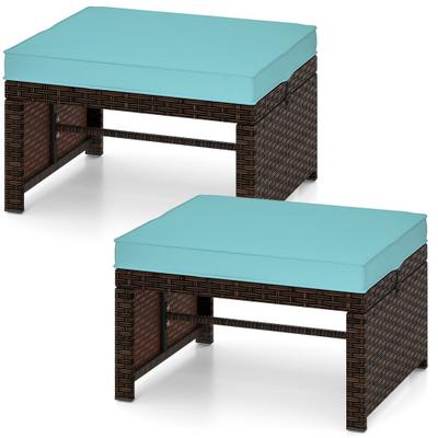 Costway Multipurpose Outdoor 2 Pieces Patio PE Rattan Ottomans Footstool-Turquoise