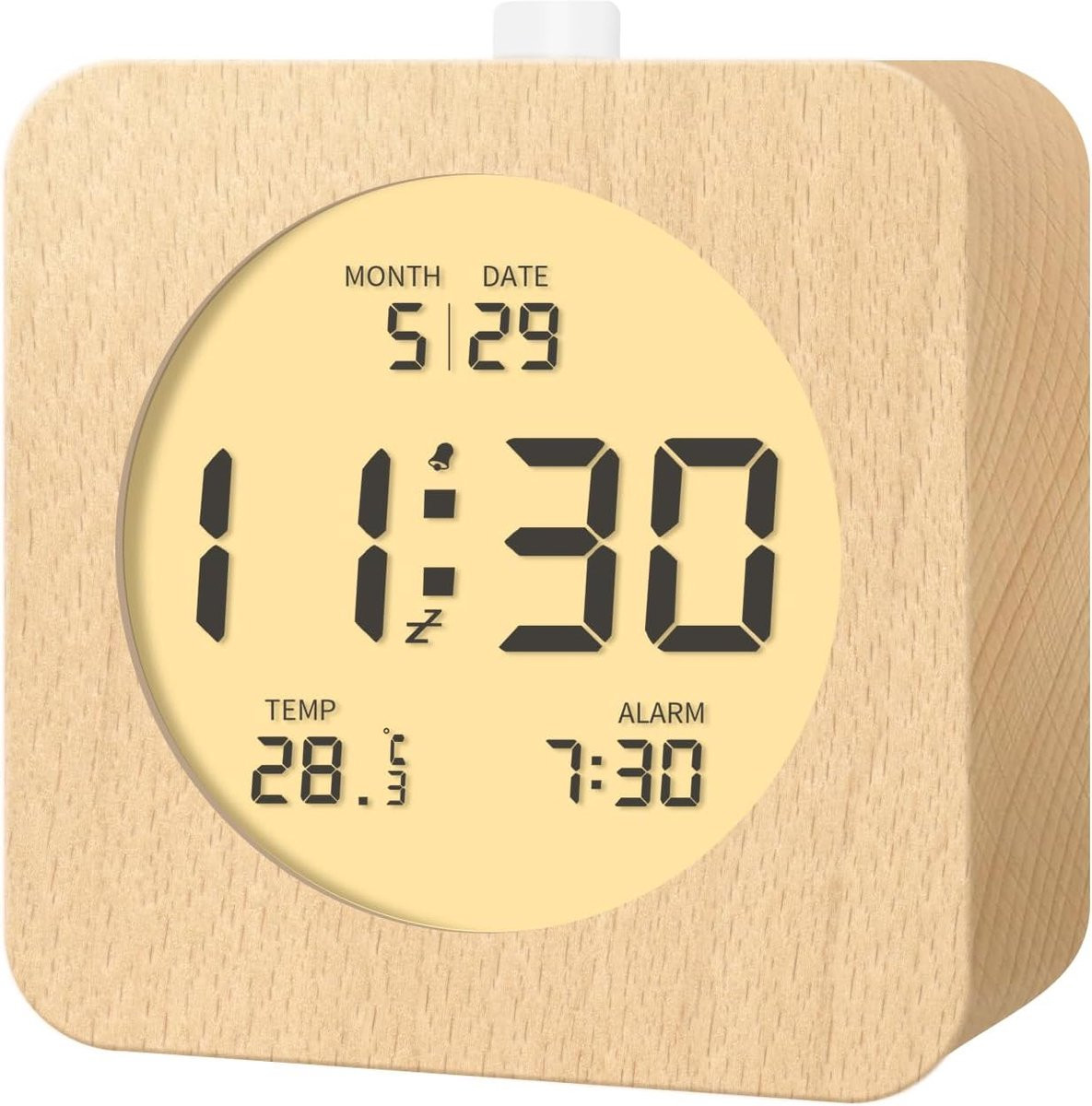 Thijox Digitale Houten Wekker met LCD Display, Sluimerfunctie en Nachtlampje, Licht Hout
