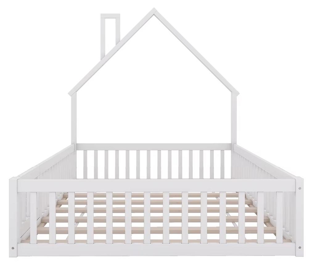 Kinderbett - Hausbett mit Schornstein - 140 x 190 cm - Holz - Lattenrost - Ohne Matratze - Weiß