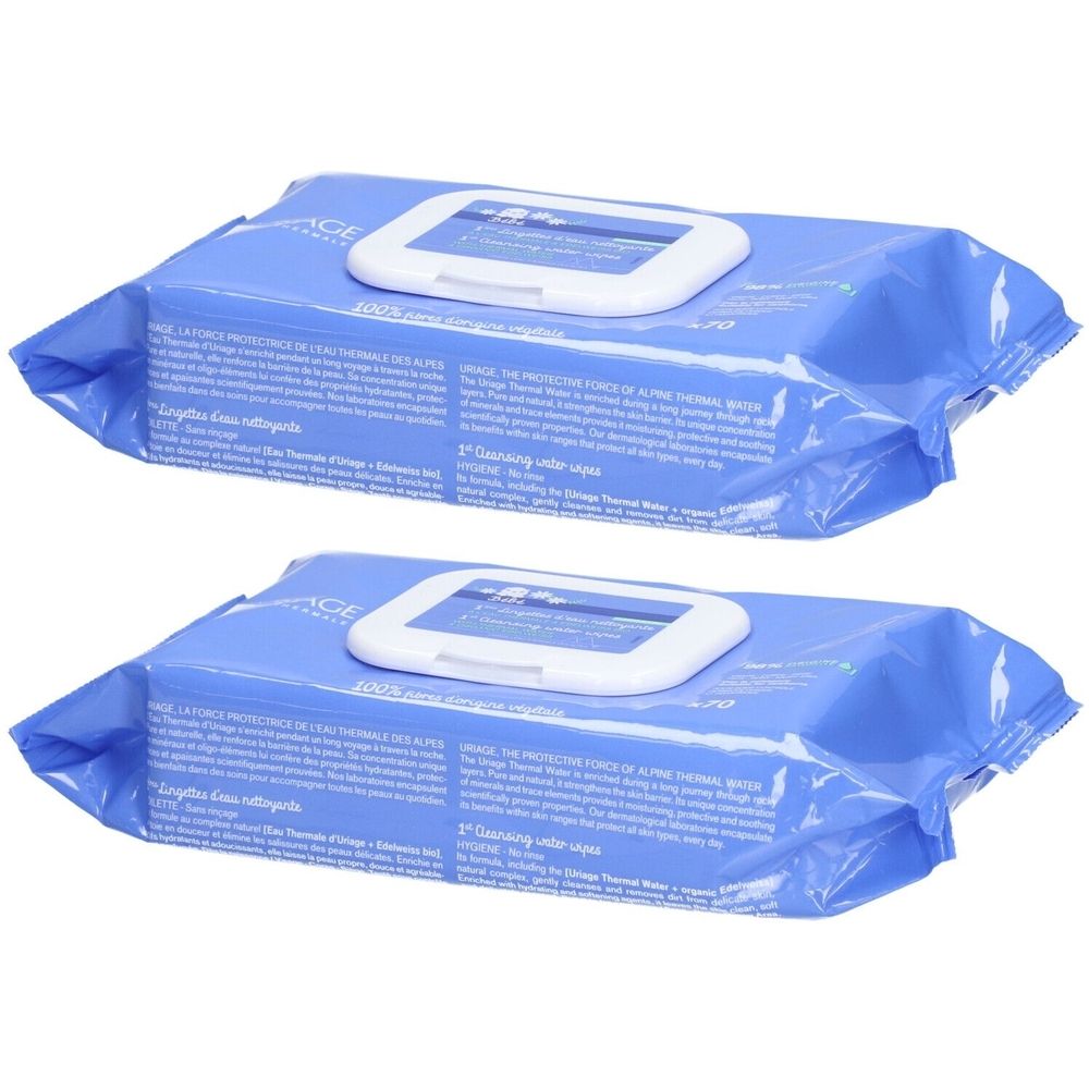 Uriage Baby 1st Cleansing Water Wipes with Thermal & Organic Edelweiss x2 2x70 St Set
