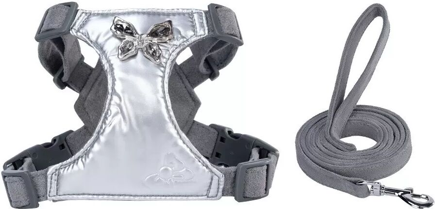 INF Flüssig Silber Deersuede Hunde Geschirr und Leinen Set - Süß & Bequem für Kleine Rassen M
