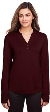 North End NE400W Women's JAQ Stretch Performance V-Neck Snap Pullover T-Shirt in Burgundy size 2XL   Triblend