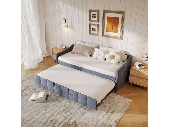Lit gigogne 90x200 cm - LUMINARIX - Canapé-lit extensible - Velours gris - 2 places - Sommier à lattes
