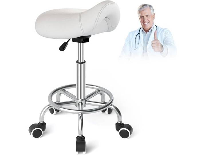 Tabouret Ergonomique Tabouret Selle de Cheval Blanc Réglable à Roulettes