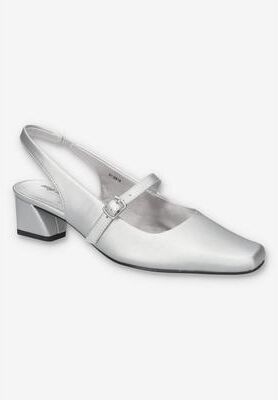 Women's Cameo Sling Back Heel by Easy Street in Silver Satin (Size 7 M)