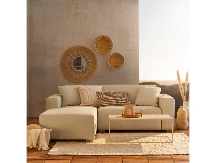 Livetastic Loungesofa Willy Out, Creme, Champagner, Sand, Metall, Leder, 3-teilig, Lederlook, 3-Sitzer, Ottomane links, 214x78x164 cm, UV-beständig, lichtecht, geeignet für Balkon, Loungemöbel, Outdoorsofas