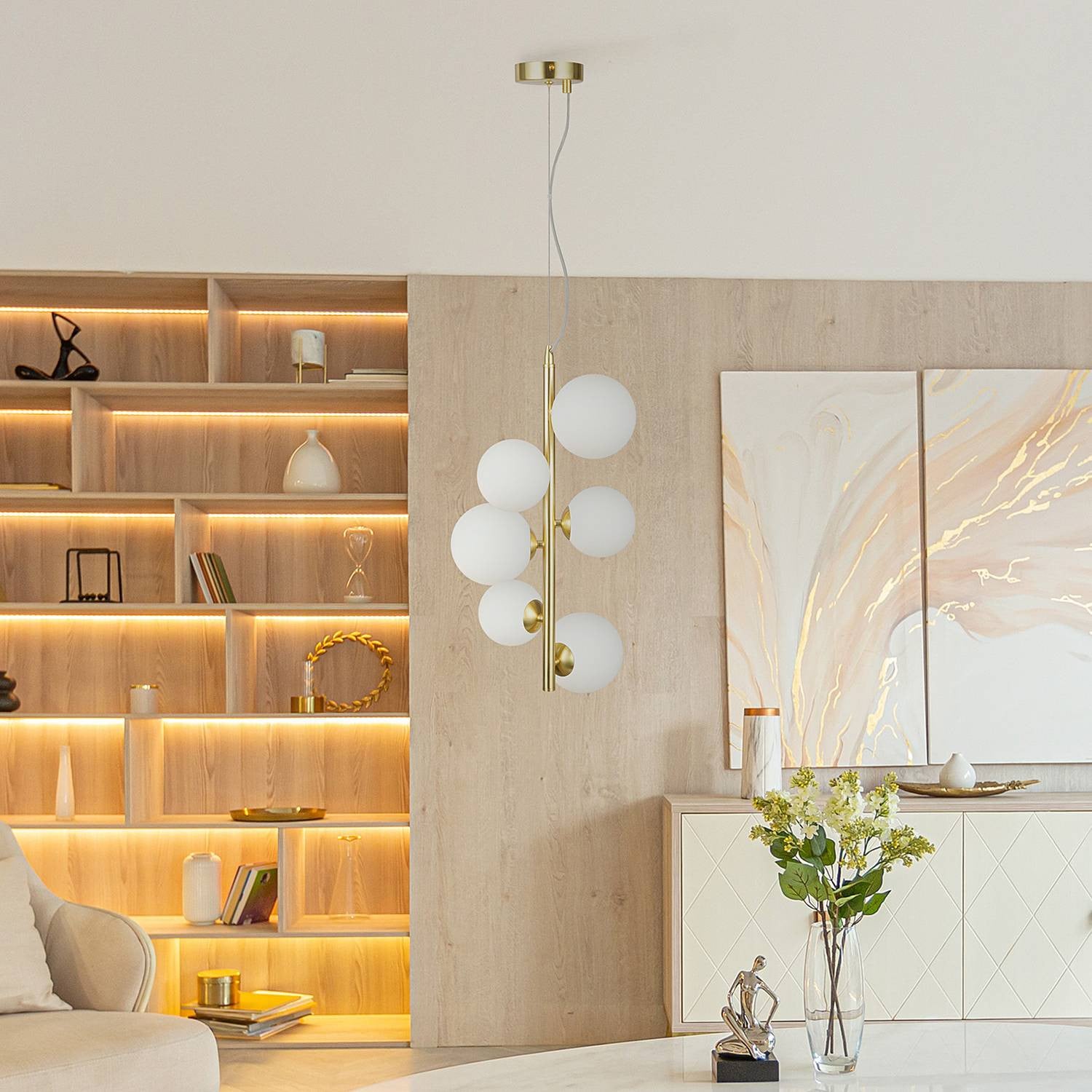 Maytoni Dallas hanglamp, mat wit en goud, 6x G9, ronde glazen lamp van metaal en glas