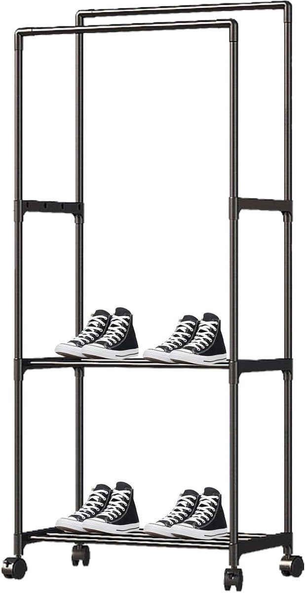 Zwart Dubbel Kledingrek met Verrijdbare Wielen voor het Opbergen van Kleding