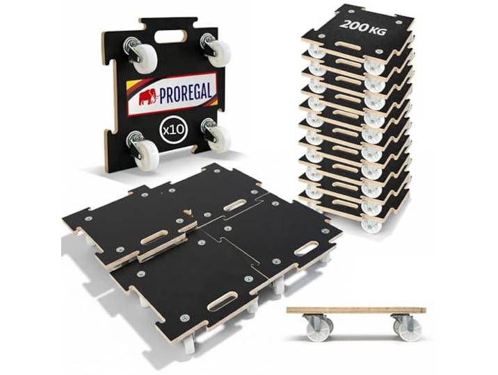 PROREGAL Profi Transportroller Hercules modular 39x39 cm Schwerlast bis 200 kg mit 4 Gummirollen & Griff, Puzzle Siebdruckplatte, 10er Set Rollbrett Möbelroller erweiterbar Transporthilfe verstellbar