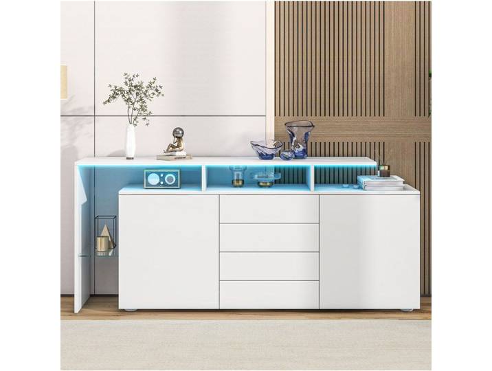 ROVRYN Buffet bas 160 x 35 x 70 cm blanc avec LED 2 portes 4 tiroirs et compartiment en verre