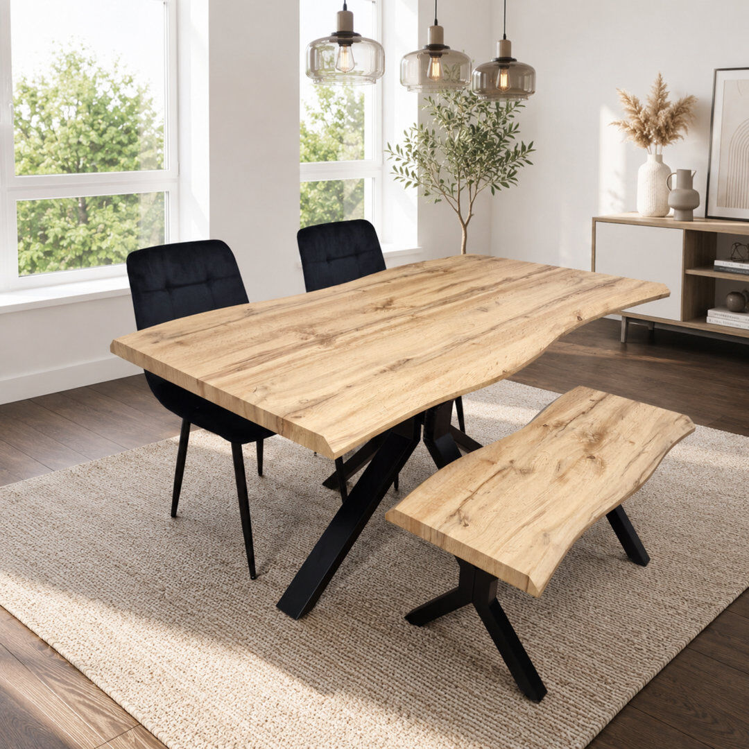 Norden Home Wooden Brown Dining Table with Bench and 2 Velvet Chairs Dining Room Furniture Brown 4