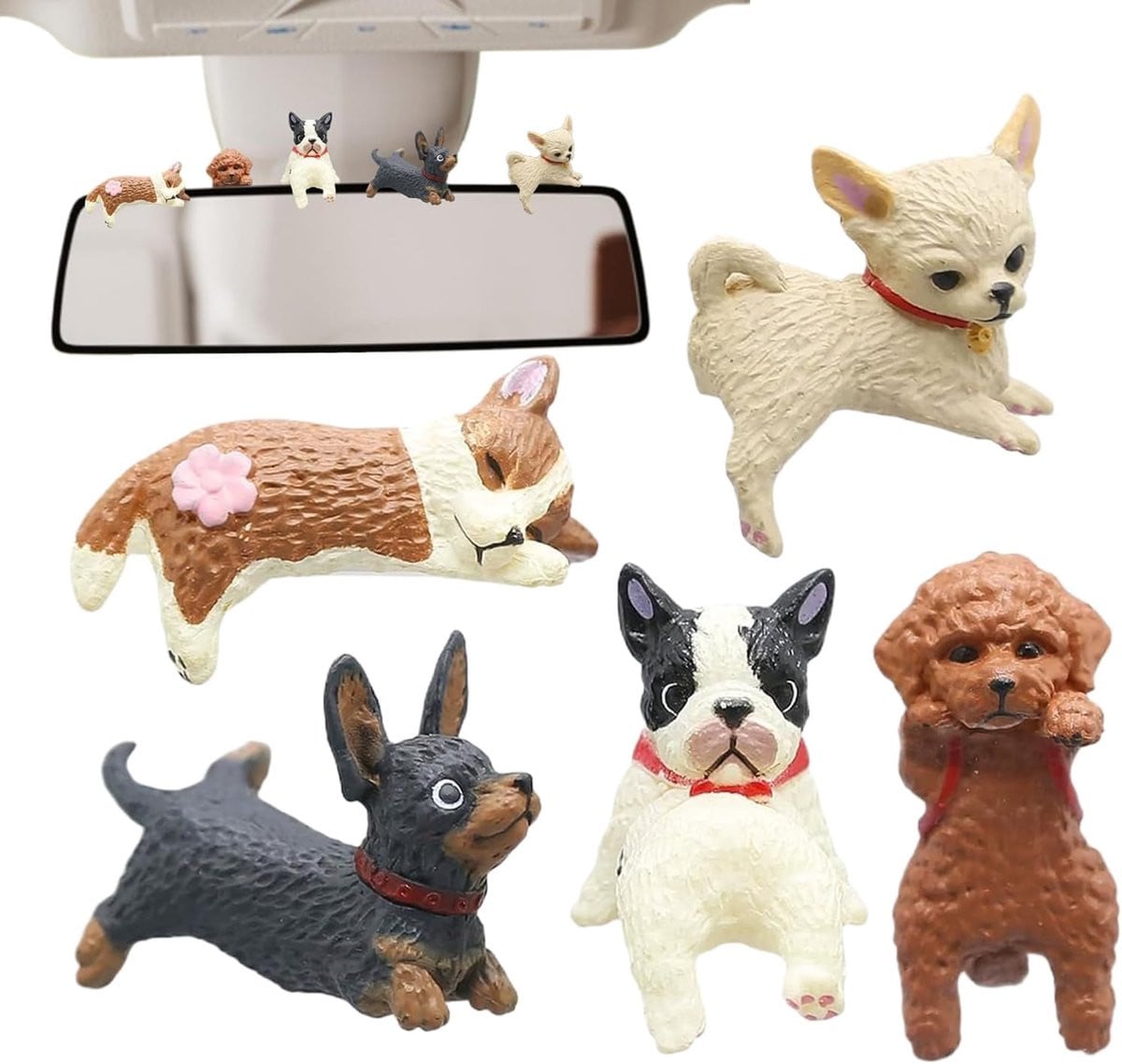 Set van 5 decoratieve miniatuur hondjes voor op je bureau in unieke kleuren