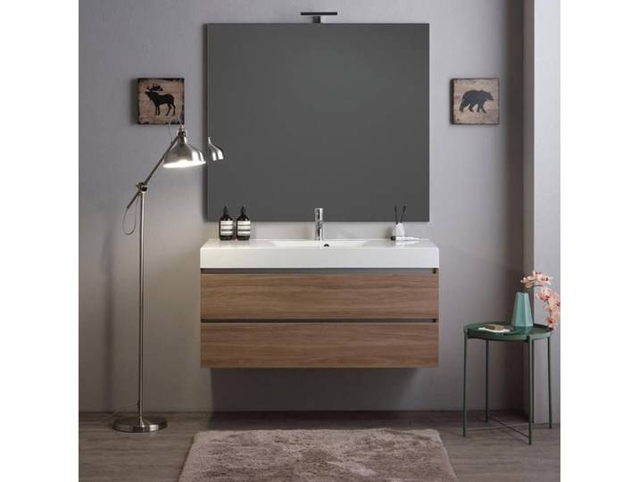 Meuble salle de bain suspendu 2 tiroirs chêne naturel lavabo et miroir 110x120 Valentina