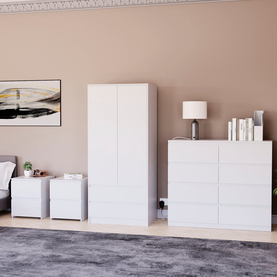 17 Stories Tanino 4 Piece Bedroom Set (2 Drawer Large Bedside Chest X2, 8 Drawer Chest, 2 Door 2 Drawer Wardrobe) White