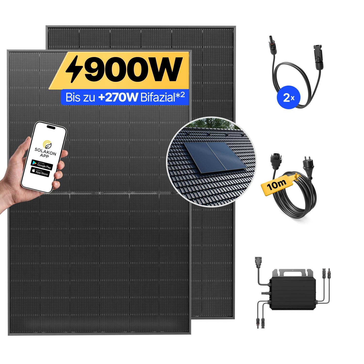 Balkonkraftwerk 900W Solaranlage mit Ziegeldach Halterung (Paarmontage) Steckerfertig Komplettset Photovoltaik Anlage 800W, Kabellänge: 10m, Solakon