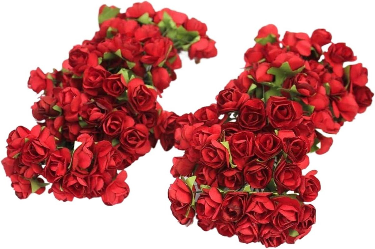 144 stuks Mini Rozen Kunstbloemen van Papier met Draadsteel - Rood
