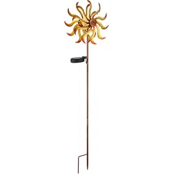 Gartendeko Windrad LED Solarleuchte gold Terrassenlampe Außenleuchte mit Erdspieß, Metall gold , Bruchglas, warmweiß, LxH 22x 92 cm