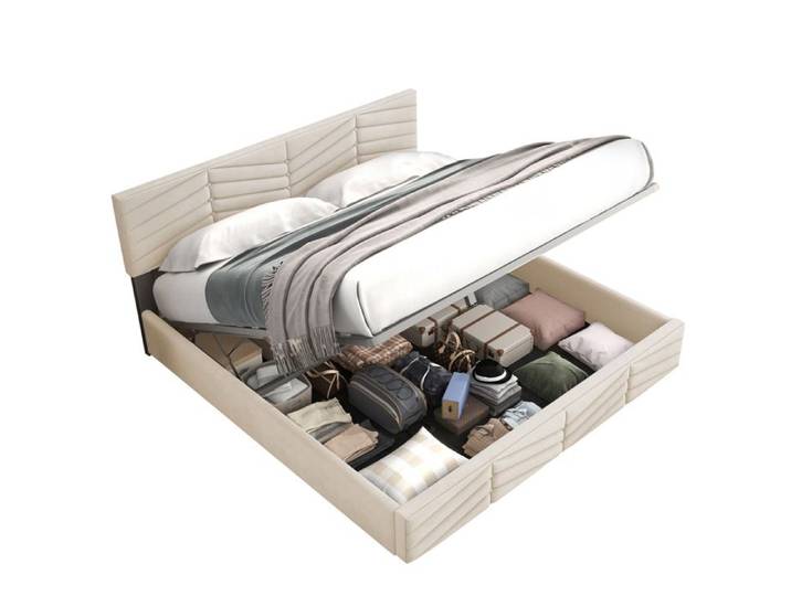 Lit double beige 140×190 cm sommier inclus tête de lit réglable structure solide montage nécessaire