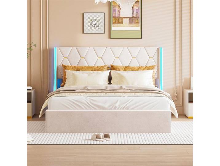 Lit coffre 160x200cm - Lit double 160x200cm - Lit adulte avec Tête de Lit Design et LED - Sans matelas - Beige