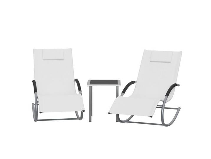 Ensemble de 3 fauteuils à bascule de jardin – 2 chaises longues + table fer appuie-tête – jardin terrasse – blanc