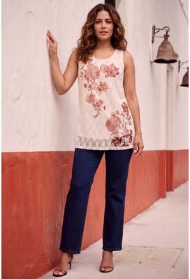 Plus Size Women's Printed Lace Tank by Roaman's in Ivory Zinnia Bloom (Size 18/20)