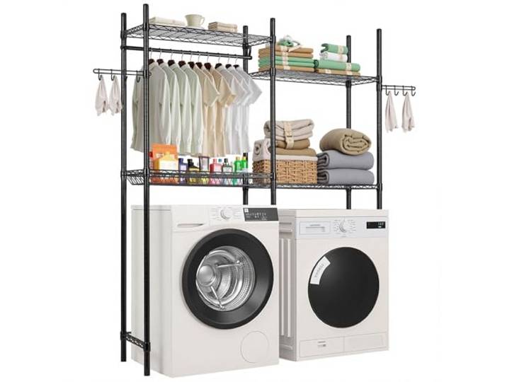 VEVOR Étagère de Rangement pour Lave-Linge et sèche-Linge à 4 Niveaux\, étendoir à Linge avec Tringle et Crochets\, étagères réglables à Deux rangées\, Gain de Place\, pour buanderie\, Salle de Bain\, Noir