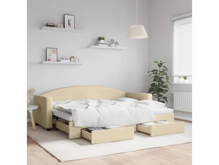 RJPLMFV Tagesbett 2-in-1 mit Ausziehbett und Schubladen, cremefarben, 80 x 200 cm
