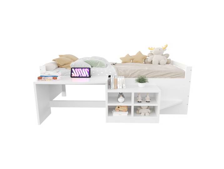 Lit enfant 90×200 cm combiné Lit combiné enfant ports USB et prise avec rangement bureau lit simple blanc
