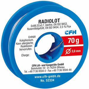 CFH Lötzinn Radiolot RL 334 Flussmittel, bleifrei, Ø 2mm, 99,3% Zinn, 0,7% Kupfer, 70g