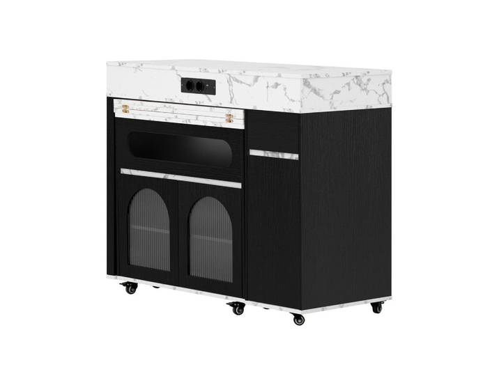 Modfu Kücheninsel aus MDF 50.5-187.5x110.5x95.5 cm Schwarz mit Ausziehtisch & Steckdosen, 187.5x95.5x110.5 cm, Küchen, Küchenmöbel, Kücheninseln