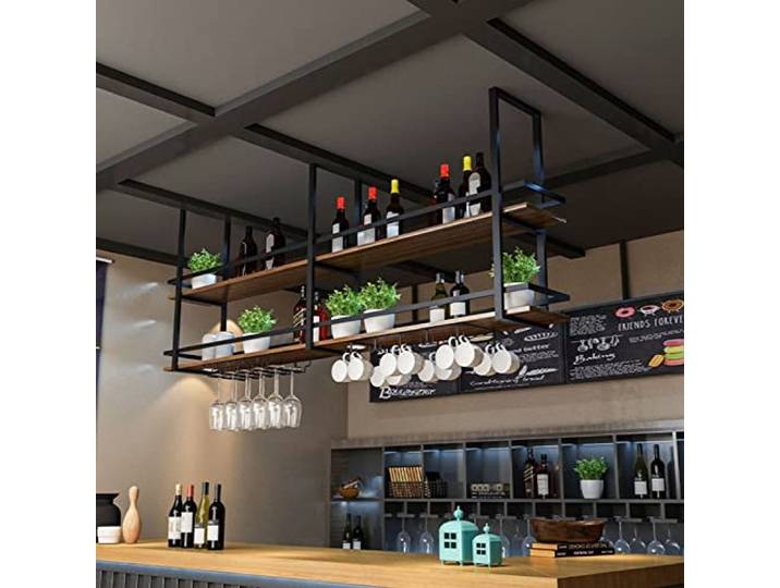 JHGJBJ Deckenregal Weinregal - Hängend Weinglasregal mit Glashalter, 2 Schicht industrielle hängende Weinflaschenhalter, Wein Lagerung Display Regal für Home Bar Esszimmer Küche