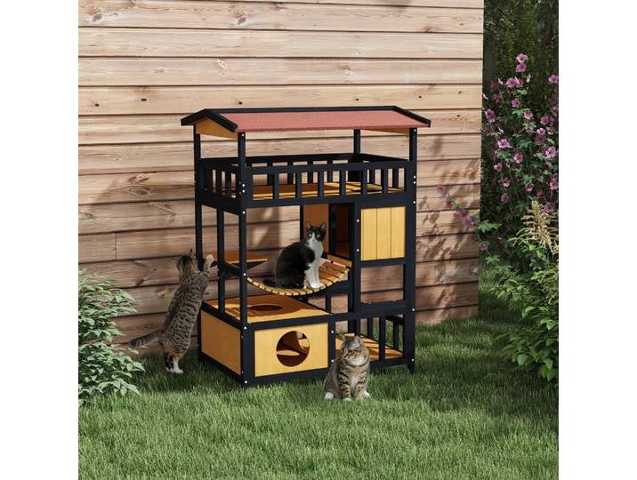 PawHut Maison pour Chats, Paradis des Chats avec Plateformes, Pont Suspendu et Cachettes pour jusqu'à 2 Chats, Bois