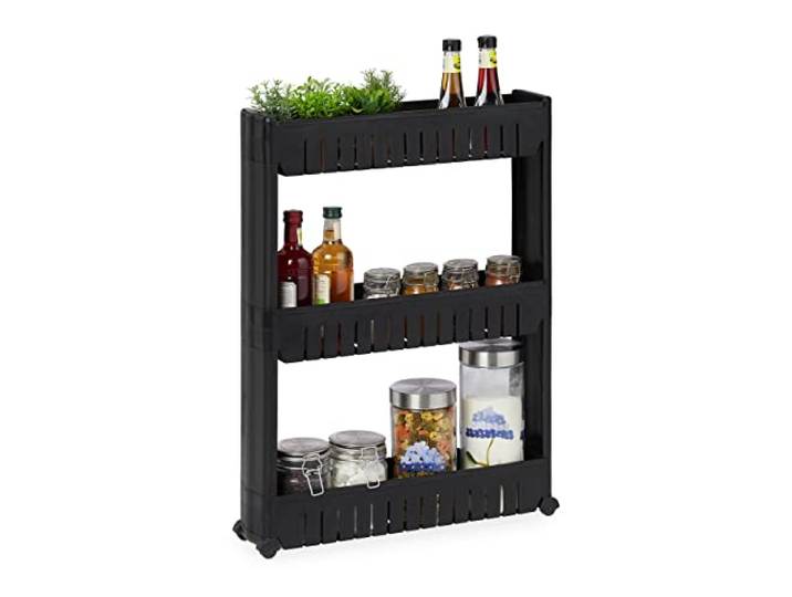 Relaxdays Étagère de Cuisine à roulettes\, 3 Niveaux\, Rangement étroit\, Bain\, 71x12\,5x54 cm\, Plastique\, Noir
