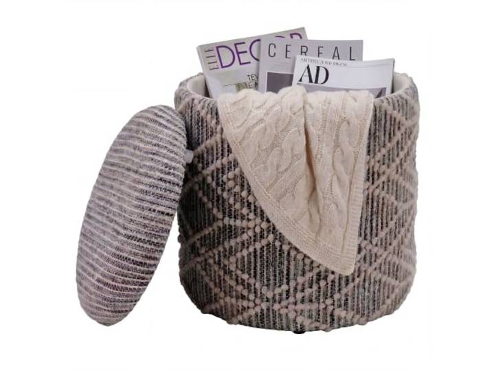 möbelando freiraum Polsterhocker mit Stauraum, rund, Grau/Creme, Woll-Baumwoll-Bezug, Ø 40 x 45 cm, Sitzhocker & Fußhocker mit abnehmbarem Deckel