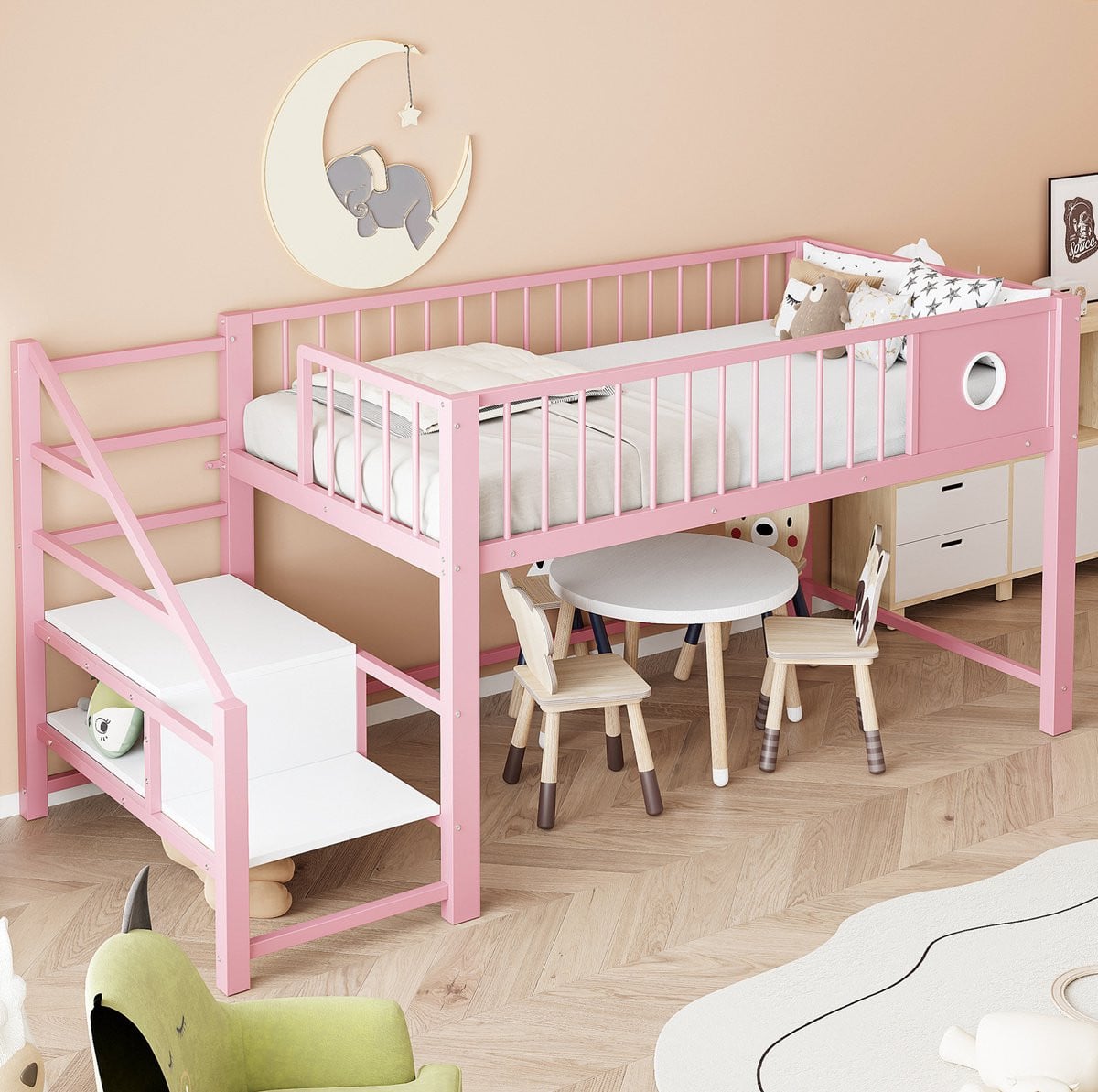 MEUNIQ Laag kinderhoogbed met opbergtrap en metalen frame, roze, 90 x 200 cm