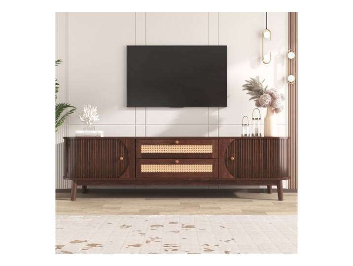 Merax Lowboard mit 2 Schubladen und 2 Bogenschiebetüren, TV-Schrank mit Rattan-Geflecht,Breite 170cm