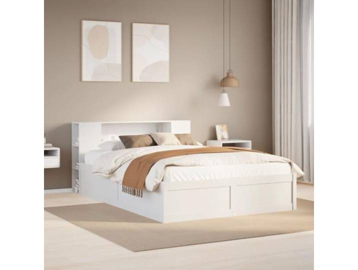 WDGJJFECNMUEHI Massives Kiefernholz Stabil Platzsparend 135 x 190 cm Weiß Massivholzbett ohne Matratze Weiß 135x190 cm Kiefernholz Stabil Bettgestell mit Stauraum Kopfteil