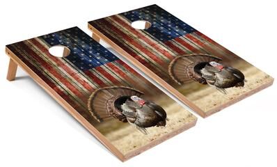 Skip's Garage Solid Wood Cornhole Boards - American Flag Turkey Design