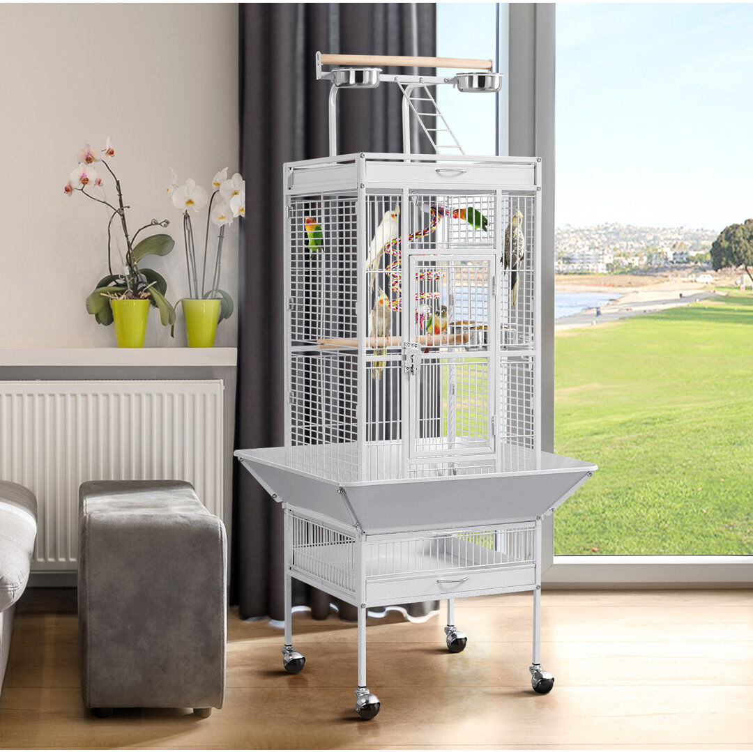Yaheetech 156cm Steel Play Top Floor Bird Cage with Wheels White 156cm H X 65.5cm W X 65.5cm D
