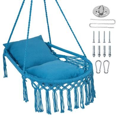 Costway Macrame Swing Chair Hammock Chair with 2 Removable Cushions-Navy