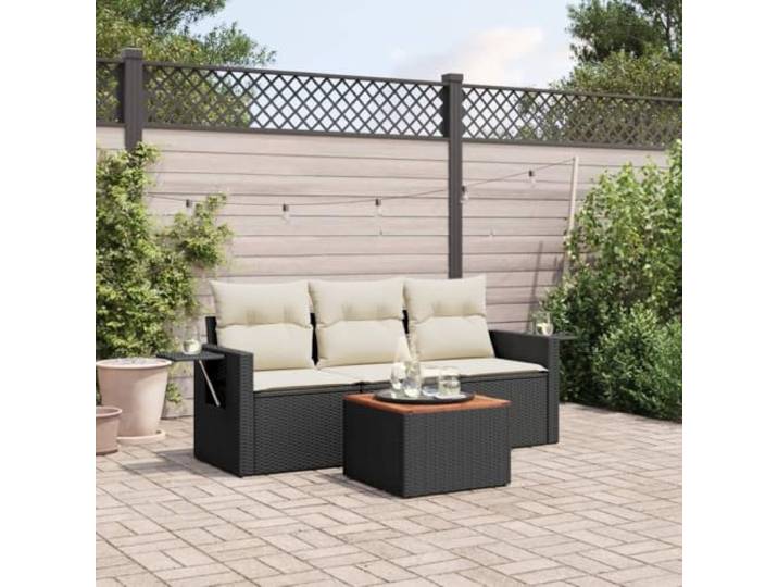 POUFGDR Gartenmöbel, 4-teilig, mit Kissen, Schwarz, Kunstharz, gewebt Beistelltisch, faltbar, abnehmbare Bezüge, waschbar, Akazienholz, modulares Design