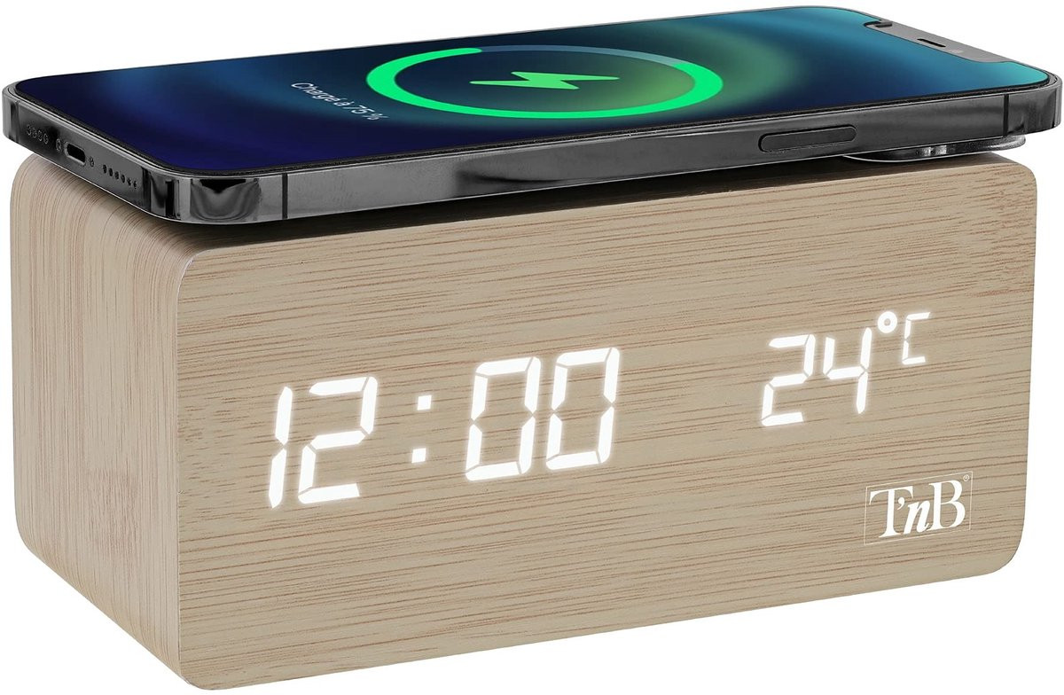 Omgoods Houten Digitale Alarmklok met Draadloze Oplader en 3 Alarmen