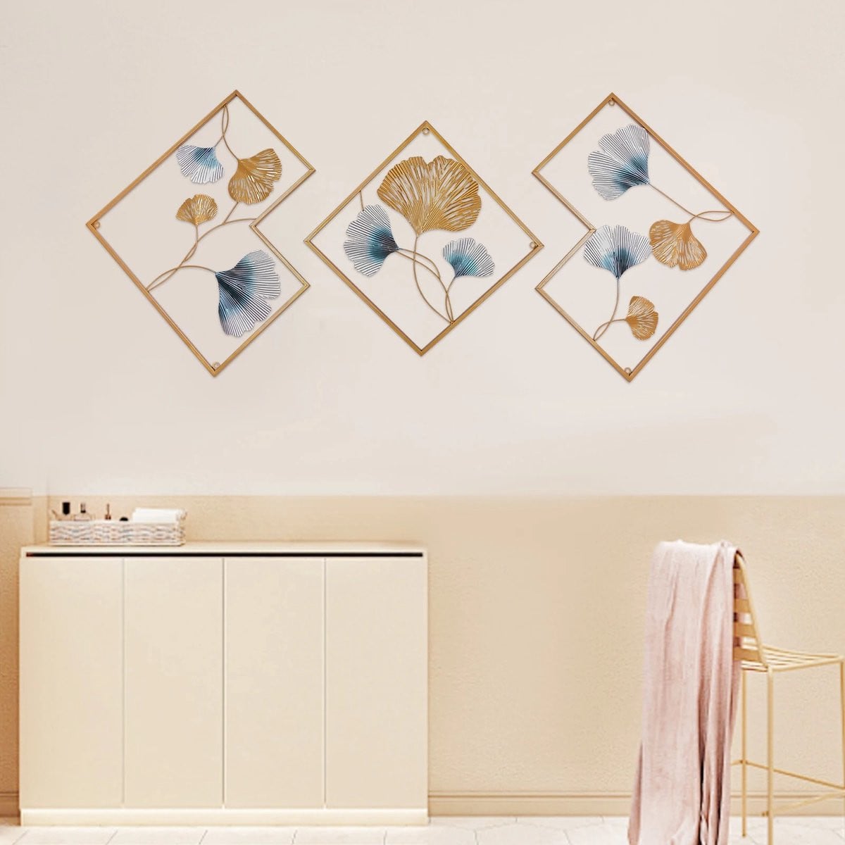Solidchoice Dailygoods Set van 3 Ginkgo Blad IJzeren Sculpturen, Luxe Gouden Wanddecoratie met 3D Ontwerp