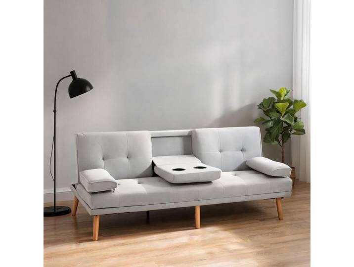 Canapé-lit 3 places en tissu cool gray dossier inclinable et accoudoir central rabattable style scandinave 181 cm