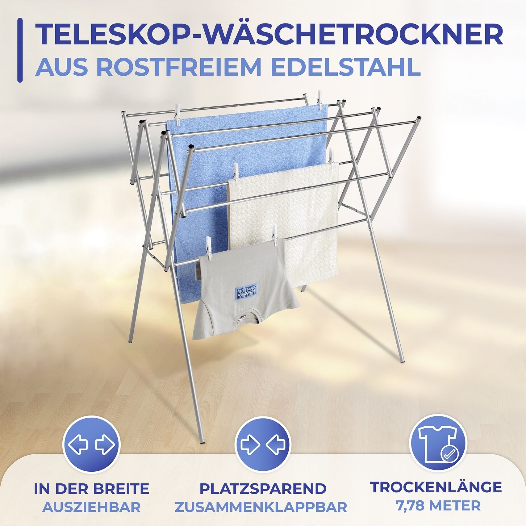 Wäscheständer MAXIMEX "Teleskop", silber (silberfarben), B:92cm H:96,5cm T:65,5cm, Edelstahl, Wäscheständer, Wäscheständer, ausziehbarer Wäschetrockner aus Edelstahl, 7,78 m Trockenlänge silberfarben Einheitsgröße