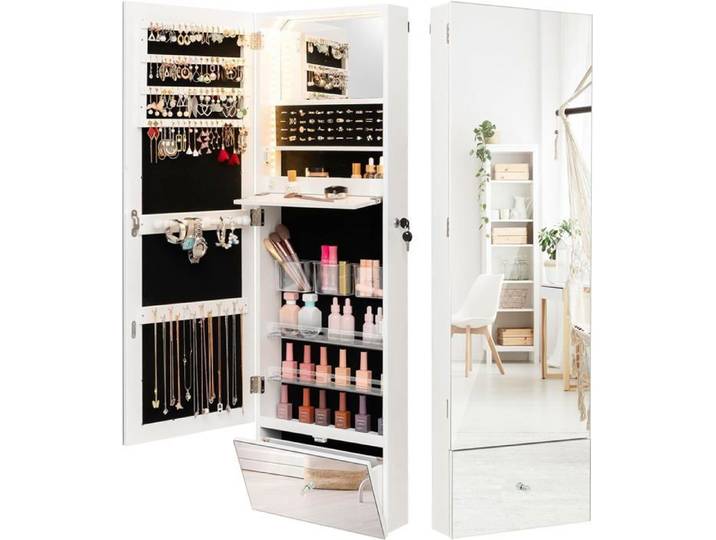 GOPLUS Armoire à Bijoux Verrouillable-Miroir Pleine Longueur-Lumières LED 3 Couleurs-Étagère de Maquillage Pliable Blanc