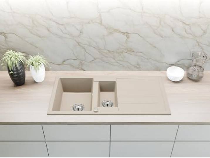 Faizee Home Spülbecken Beige 100x50 cm aus Granit – Modell Napoli mit 1,5 Becken & Abtropffläche Beidseitig montierbare Einbauspüle Küchenspüle inkl. Siphon-Set