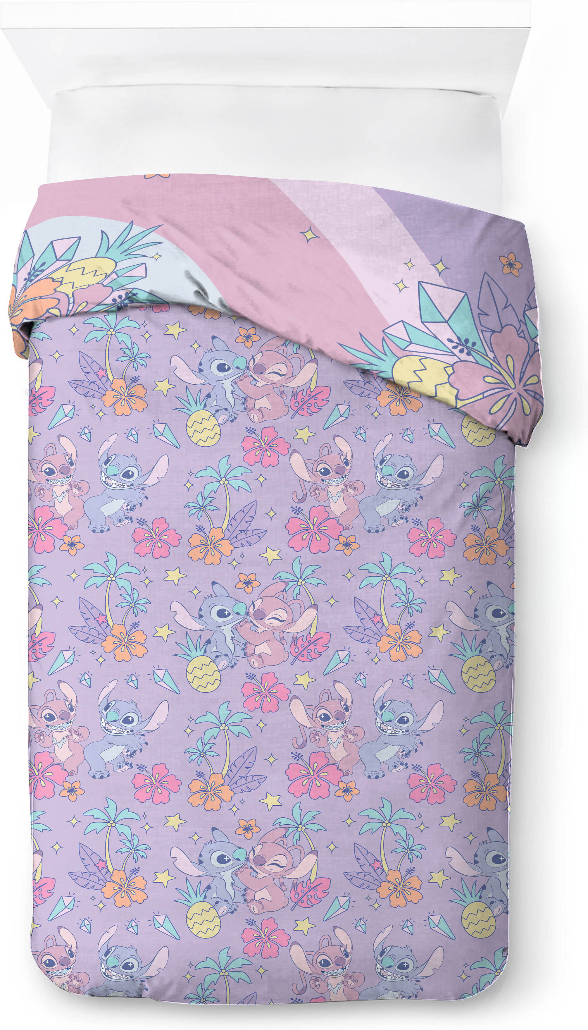 Bettwäsche DISNEY "Lilo und Stitch Vibing Angel", bunt (lila), B/L: 137cm x 200cm, 1 Stk., 1 Stk., Baumwoll-Leinen Mix, B/L: 80cm x 80cm, 2, Baumwoll-Leinen Mix, Obermaterial: 100% Baumwolle, Bettwäsche, Bettwäsche